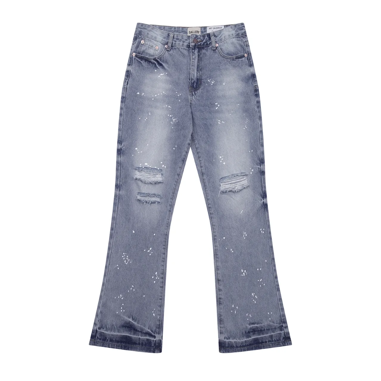 p240 (detail picture) 638#Gallery Dept new style splash ink hole knife cut washed blue micro-flare jeans versatile casual pants American high street trousers washed blue S~XL